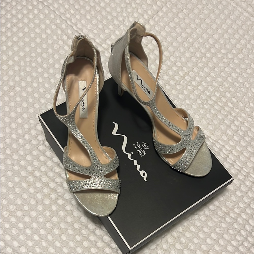 Nina Silver Strappy Heels with Ankle Strap
